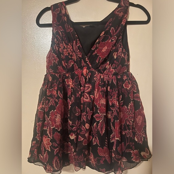 Vintage Y2K Express silk Babydoll Top S Floral Red Burgundy Black Preppy Chic - Picture 2 of 3